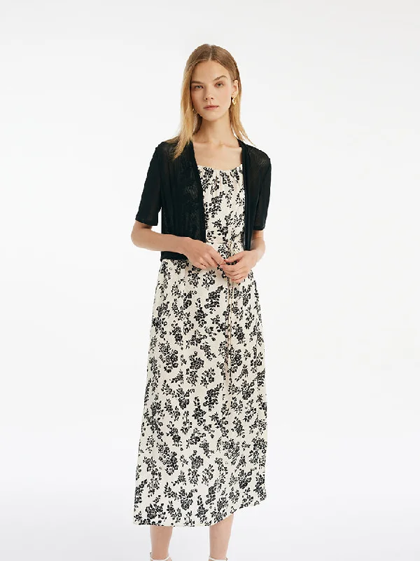 Camellia Print Spaghetti Strap Dress And Knitted Cardigan Two-Piece Set With Belt