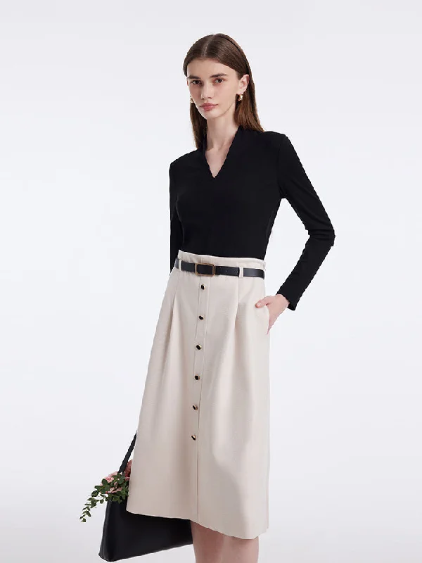 V-Neck Slim Knit Top And Half Skirt Vintage Two-Piece Set With Leather Belt