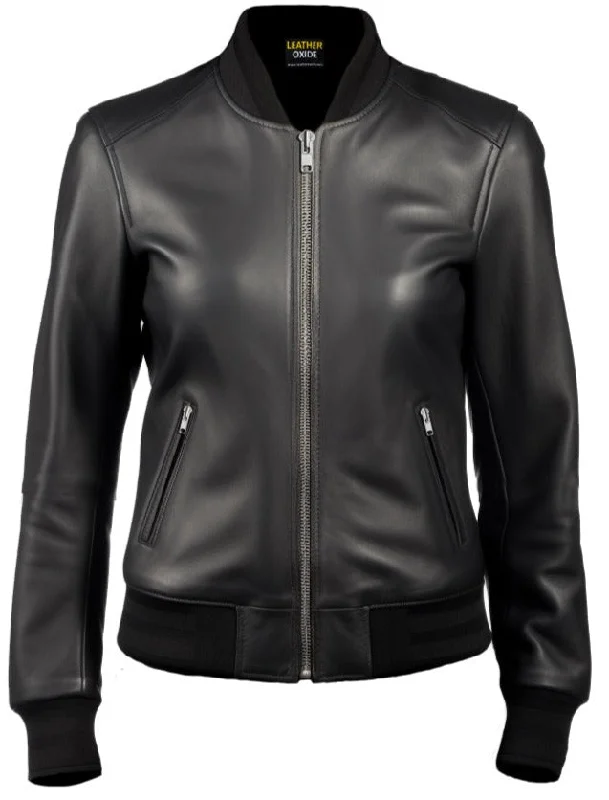 Women Bomber Leather Jacket- Black Leather Jacket for Women-Leatheroxide