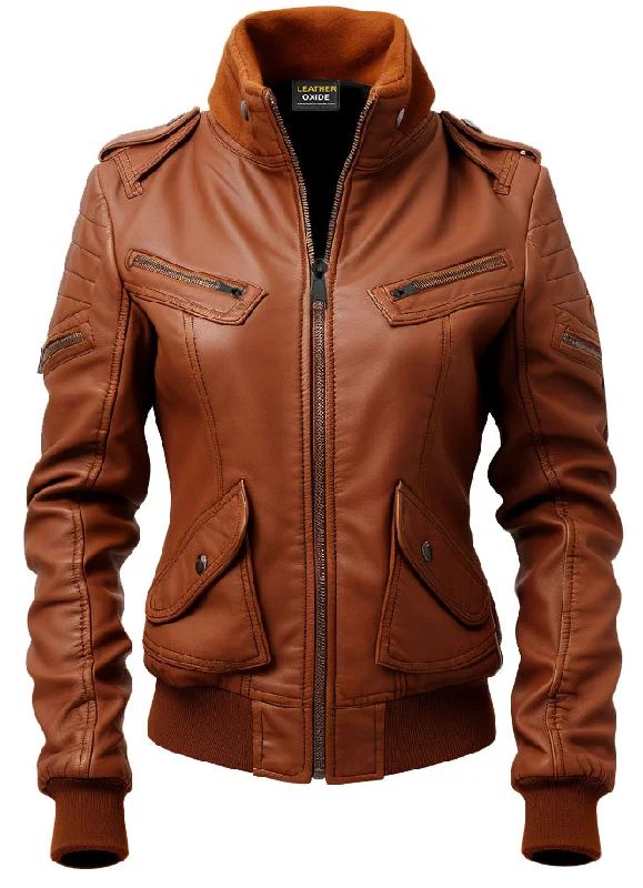 Women Leather Jacket Tan Bomber Style