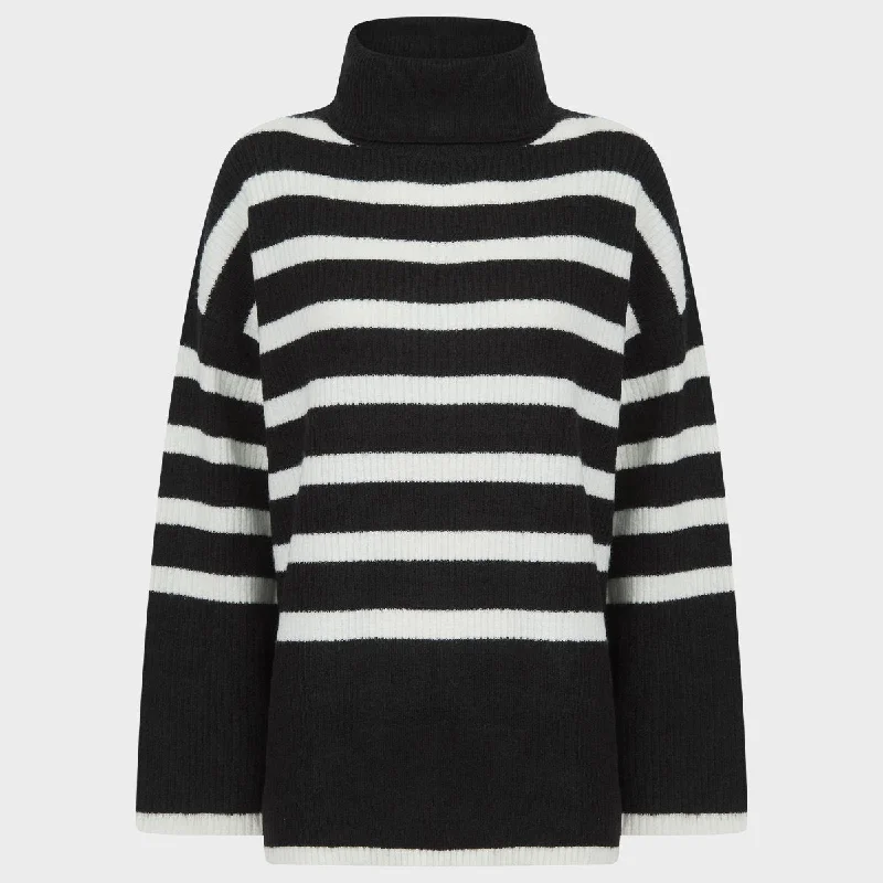 Ladies Black Stripe Roll Neck Jumper