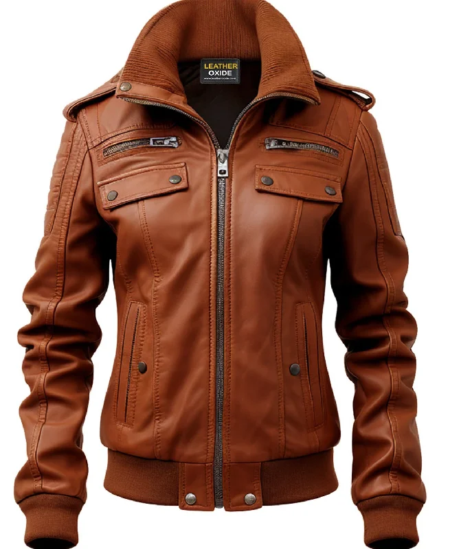 Strap Pocket Leather Jacket Tan Brown