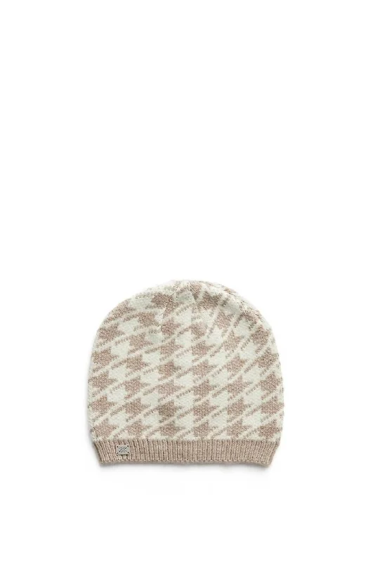 Houndstooth Pattern Rib Knit Hat In Fawn