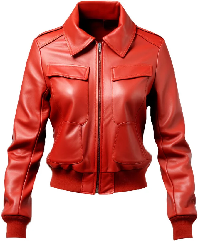 Women Red Leather Jacket Bomber Style