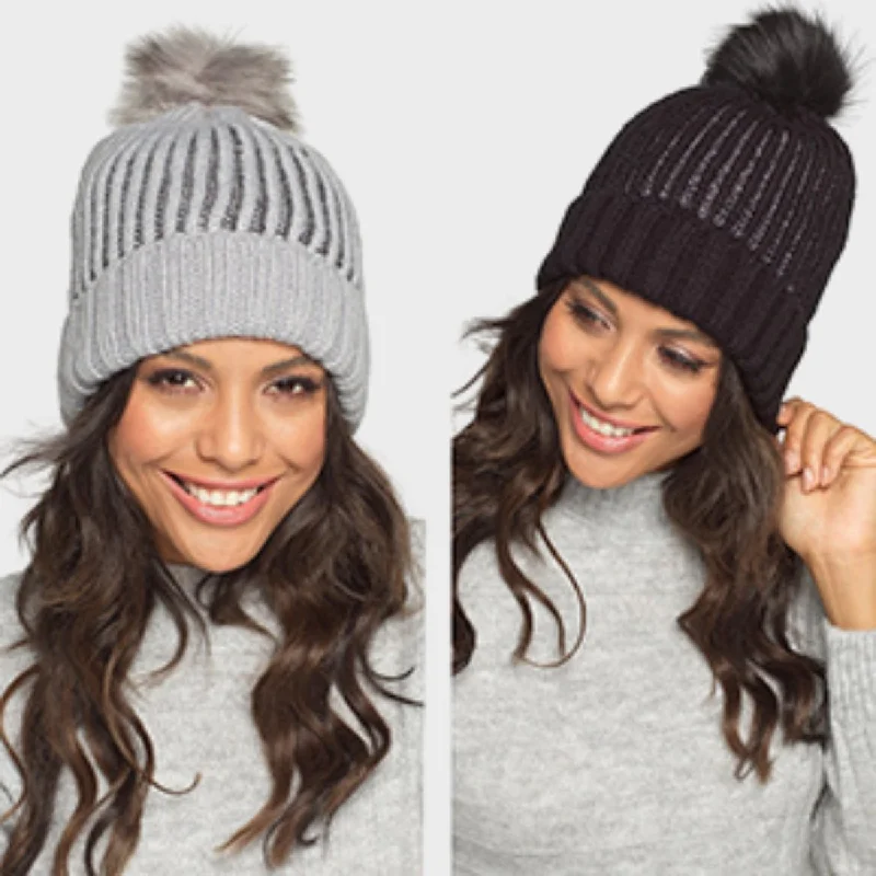 Ladies Ribbed Lurex Hat with Pom Pom