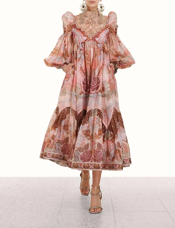 Kaleidoscope Swirl Yoke Midi Dress In Apricot Floral