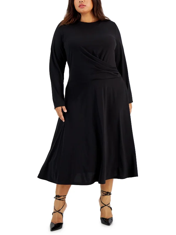 Plus Womens Gathered A-Line Midi Dress