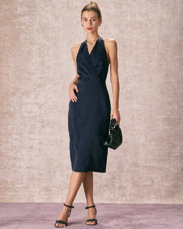 The Navy Halter Ruched Wrap Satin Midi Dress