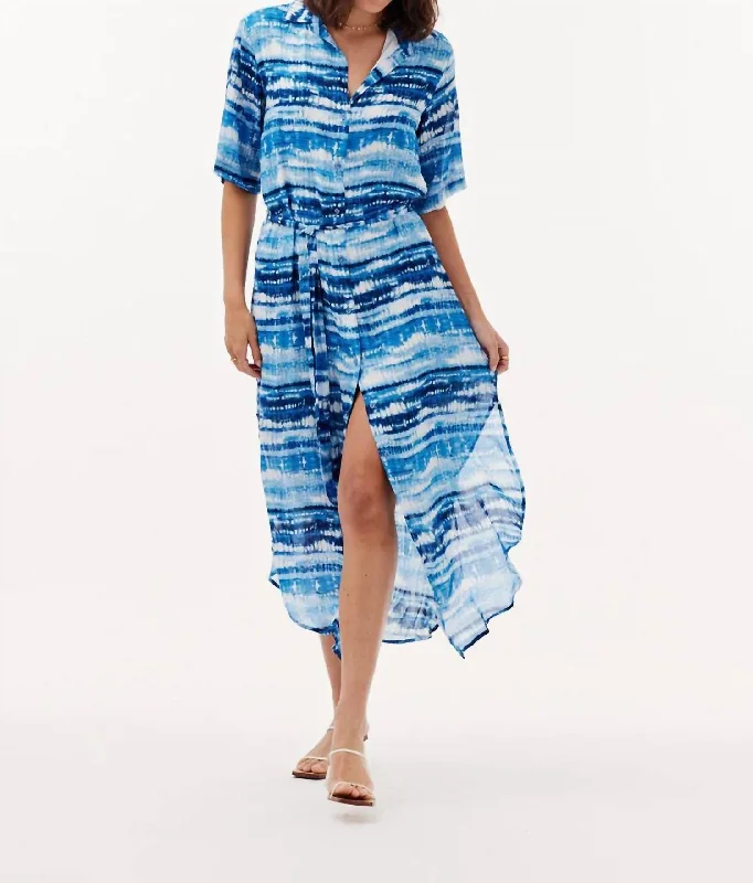 Brielle Maxi Shirt Dress In Blue Shibori Print