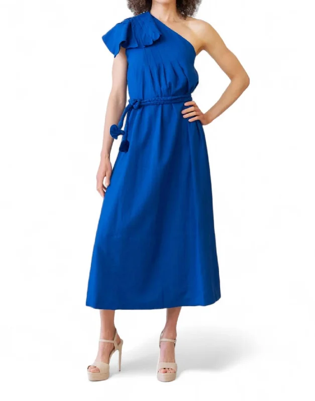 One Shoulder Leaf Maxi Dress In Navy Blue