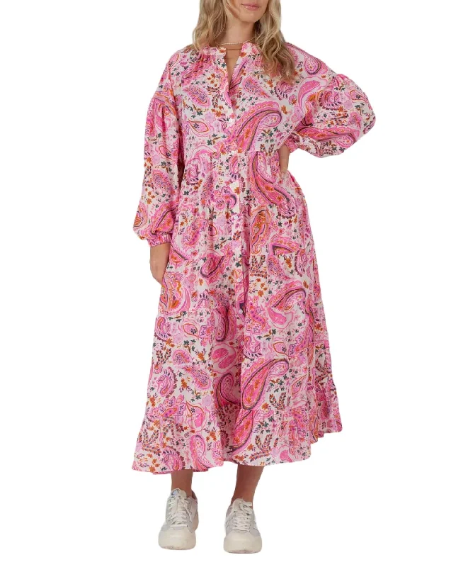 Paisley Long Sleeve Maxi Dress In Pink