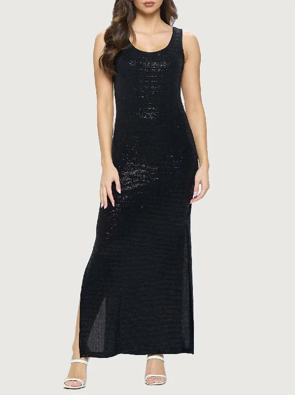 Scoop Neck Maxi Dress With Side Slits In Black Sparkle