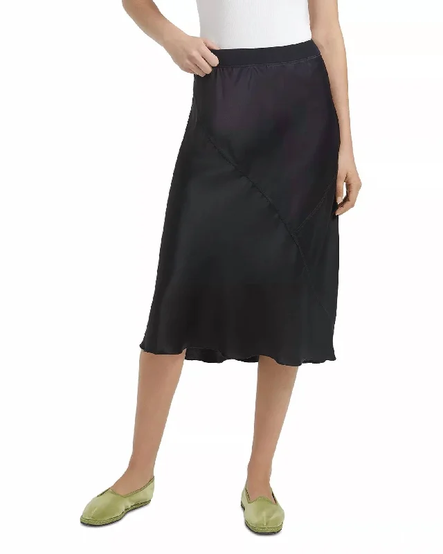 Silk Pull On Midi Skirt In Black