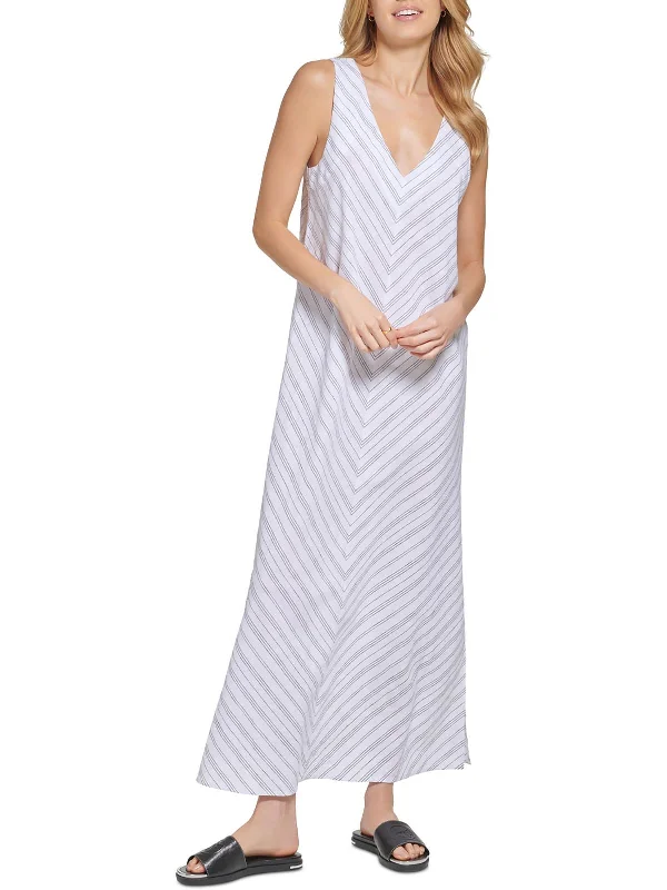 Womens Linen V Neck Maxi Dress