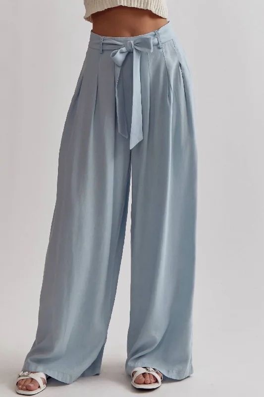 Wide Leg Paper Bag Pants In Light Blue Denim