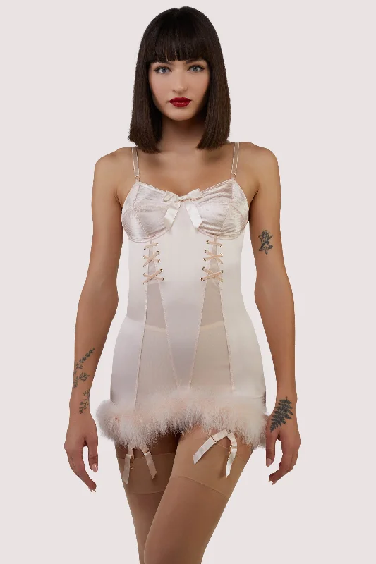 Elsie Peach Spiral Cup Feather Hem Corselette Slip