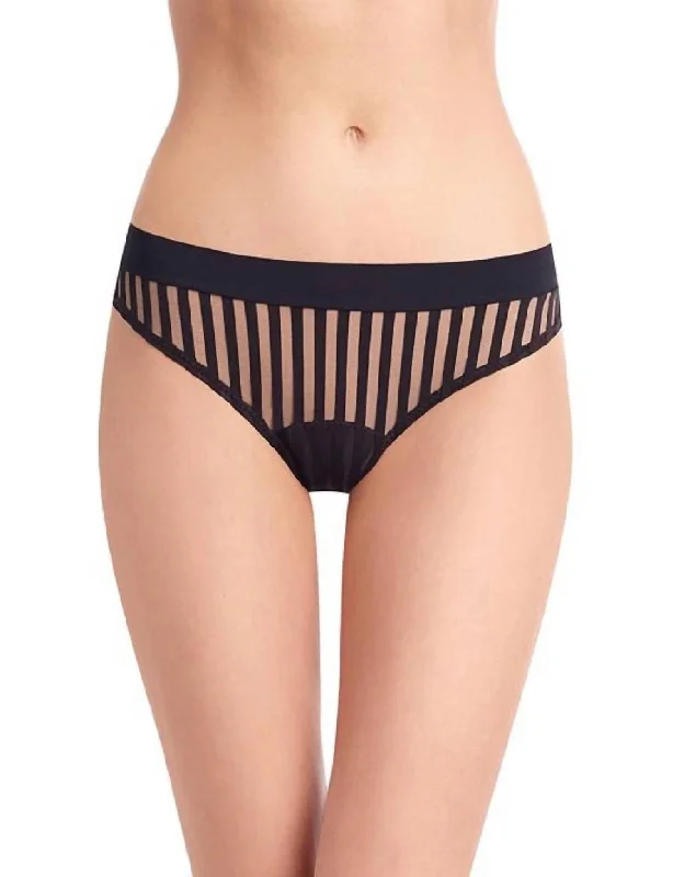 Stripped Mesh Stripe Thong Panty In Black