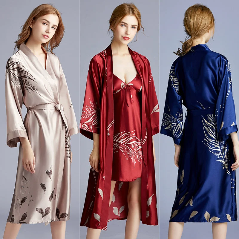 Feather Printed Satin Pajama Robe wp1273