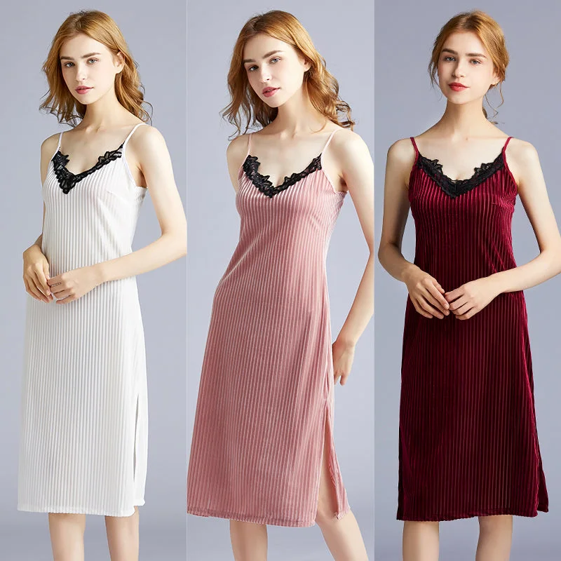 V-Neck Lace Velvet Slip Dress Pajama SR1507