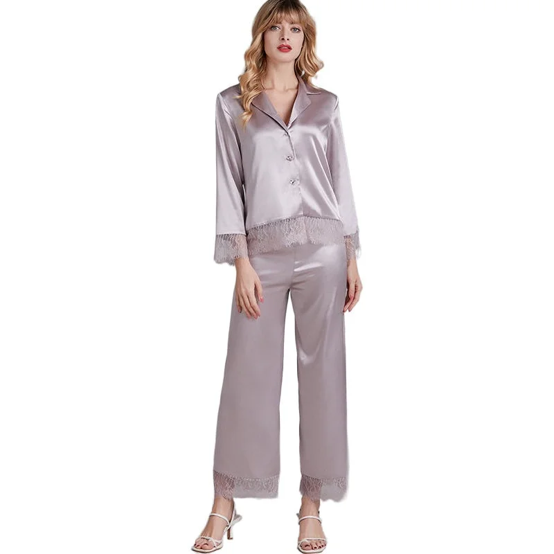 Pajamas Womens Sexy Spring Summer And Autumn Suit Ice Silk Long Sleeve Trouser Sleepwear 2Psc Lace Home Clothing Pyjama Tops