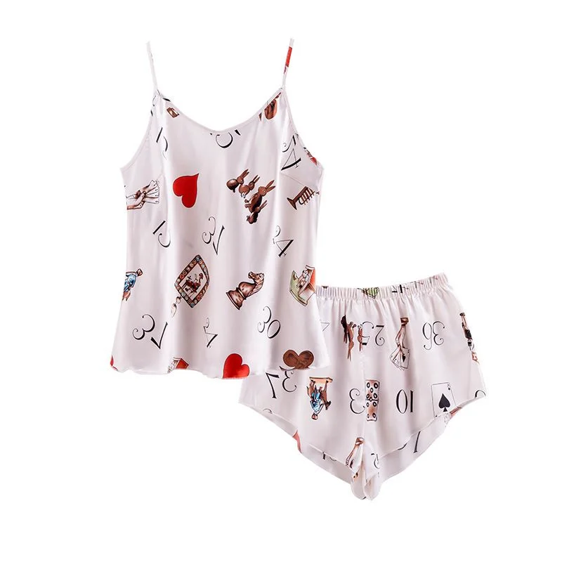 Poker Printed Satin Slip Top Pajama Set DT1837